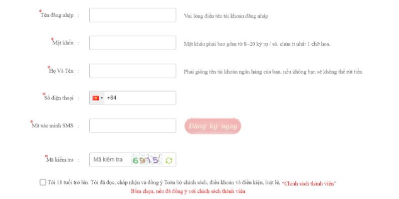 Giao diện đăng ký tài khoản tham gia đá gà For88